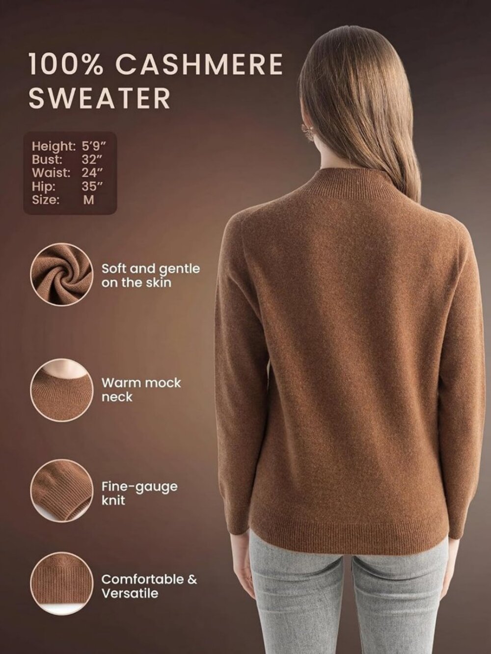 Cozy 100% Cashmere Mock Neck Sweater - Long Sleeve Knit Pullover for Fall/Winter - Picture 6 of 6